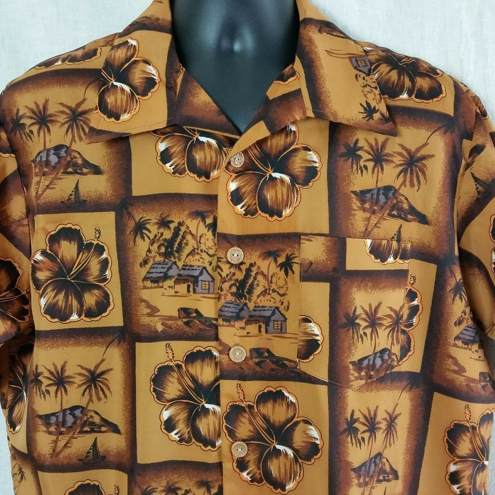 Vintage Big Sur Hawaiian Shirt Brown Mens Large Floral Tiki Hut Big Collar 70s